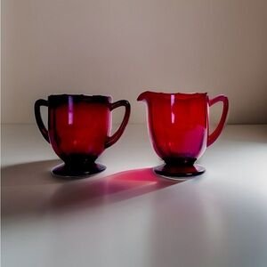 New Martinsville Addie Vintage 1930s Ruby Depression Glass Creamer & Sugar Bowl